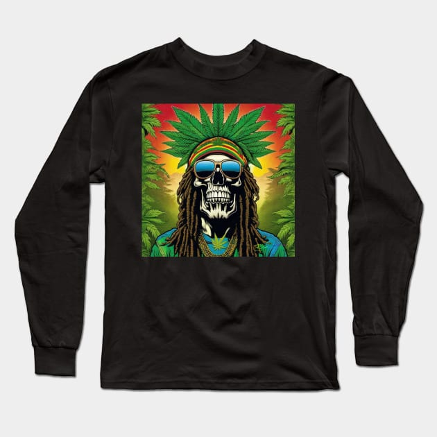 Rasta Skulls - Stoner Reggae Island Vibes 15 Long Sleeve T-Shirt by Benito Del Ray